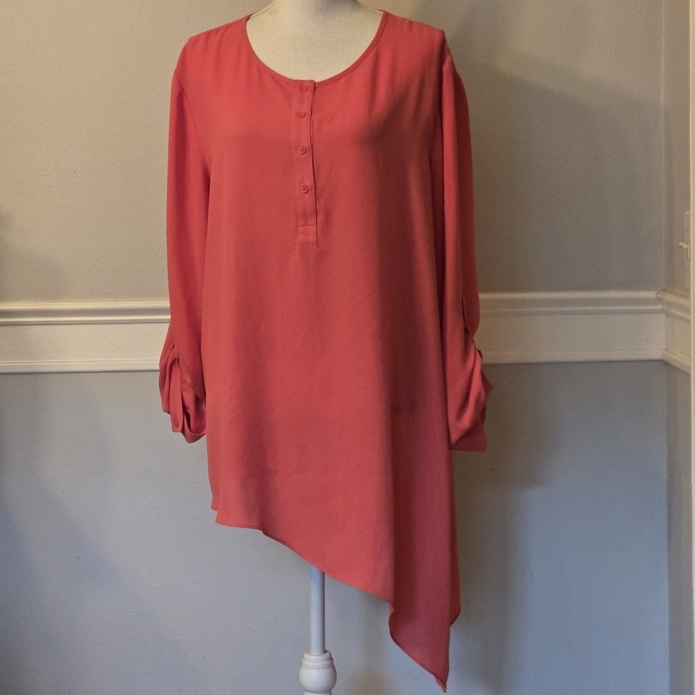 Chicos 3 (L/16) Blouse Henley Tunic Coral Asymmetrical Hem Rolltab Sleeves